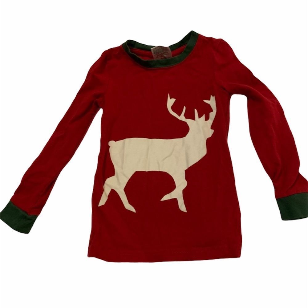 Lily & Dan Kids XS Red Reindeer Long Sleeve Christmas Pajama‎ Top Green Trim